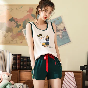 

Women Sleepwear for Summer Short Cotton Vest Pajamas Sets 2pcs Pyjama Set Women Nightshirt Sets Sexy Home Wear Print 2020 Girl