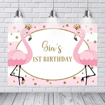 

Photography Backdrop Crown Flamingo Backdrop Pink White Striped Gold Glitter Girl Happy 1st Birthday Party Background Customized