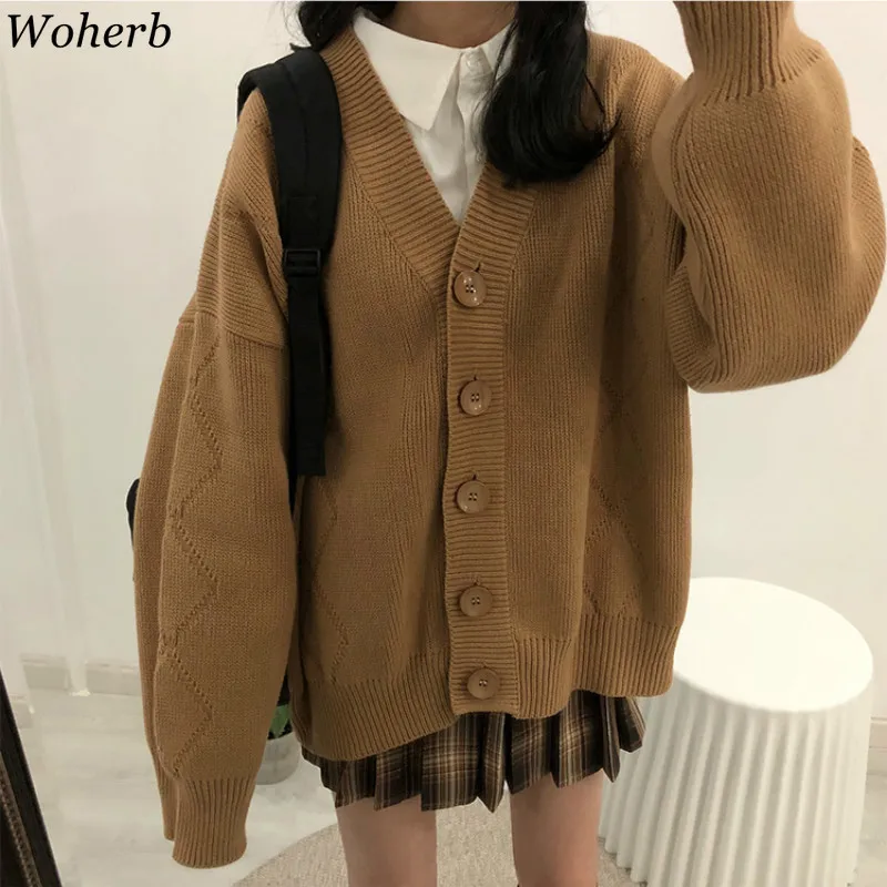 Woherb Модные женские трикотажные кардиганы однотонный просторный Повседневный длинный рукав Элегантные свитера пальто Женская винтажная куртка Kardigan