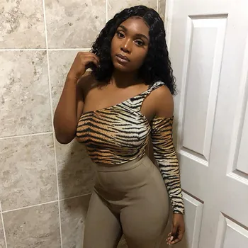 

Tiger Animal Print Backless Sexy Bodysuit One Shoulder Body Women Cut Out Long Sleeve Ladies Short Jumpsuits Autumn