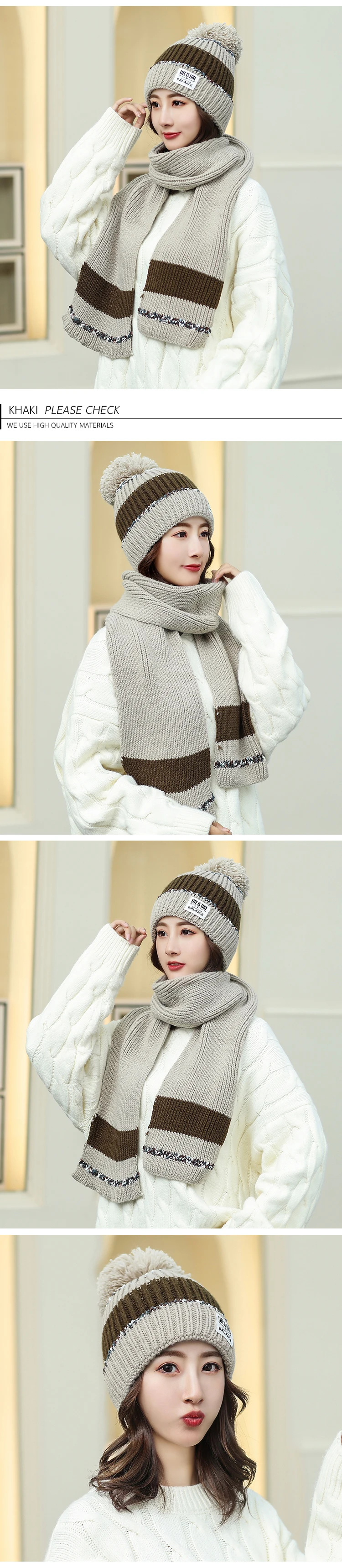 New Women Knitted Hat Scarf Set Brand Winter Cap Thickening Warm Knit Beanies Pompom Hats Female Two color Knit Bonnet Caps
