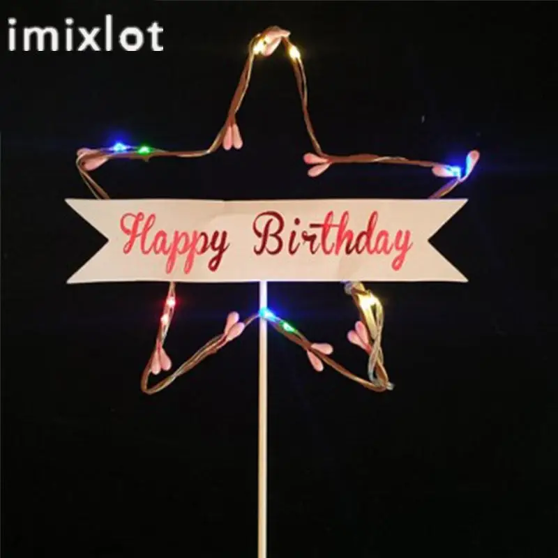 Imixlot светодиодный светильник торт Топпер светящиеся Сердце Звезда Металлические Листья День Рождения выпечки вставка для торта Флаг украшения инструменты