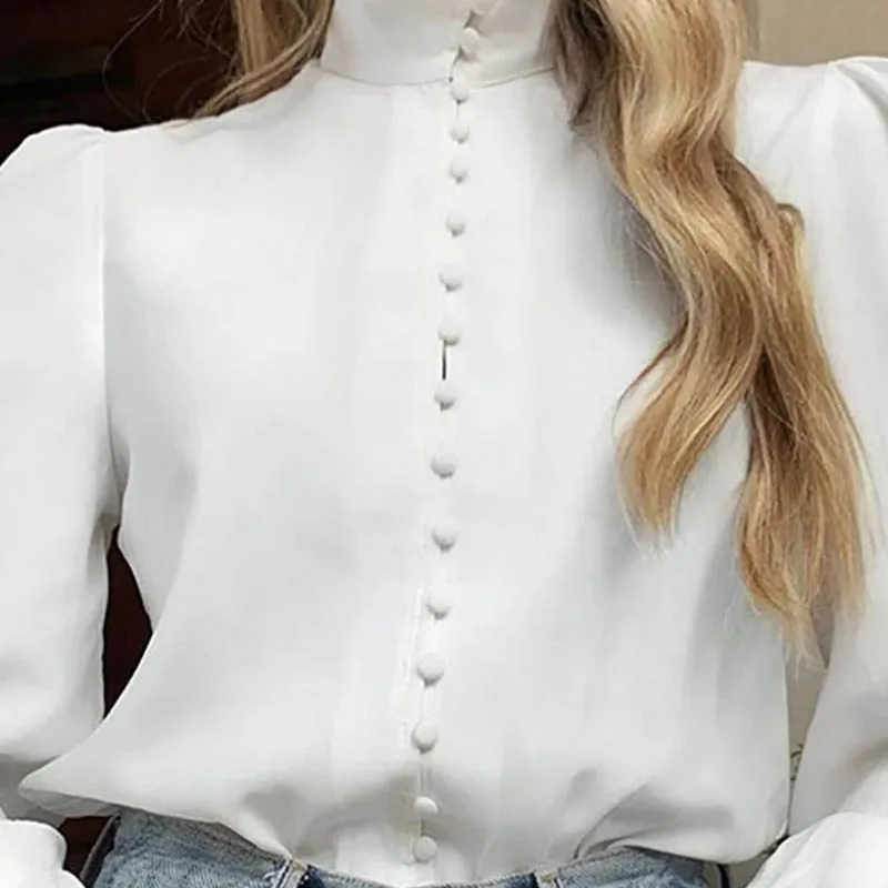  Women Stand Neck Buttoned Blouse Shirt Office Ladies Letter Print Puff Long Sleeve Pullovers Casual