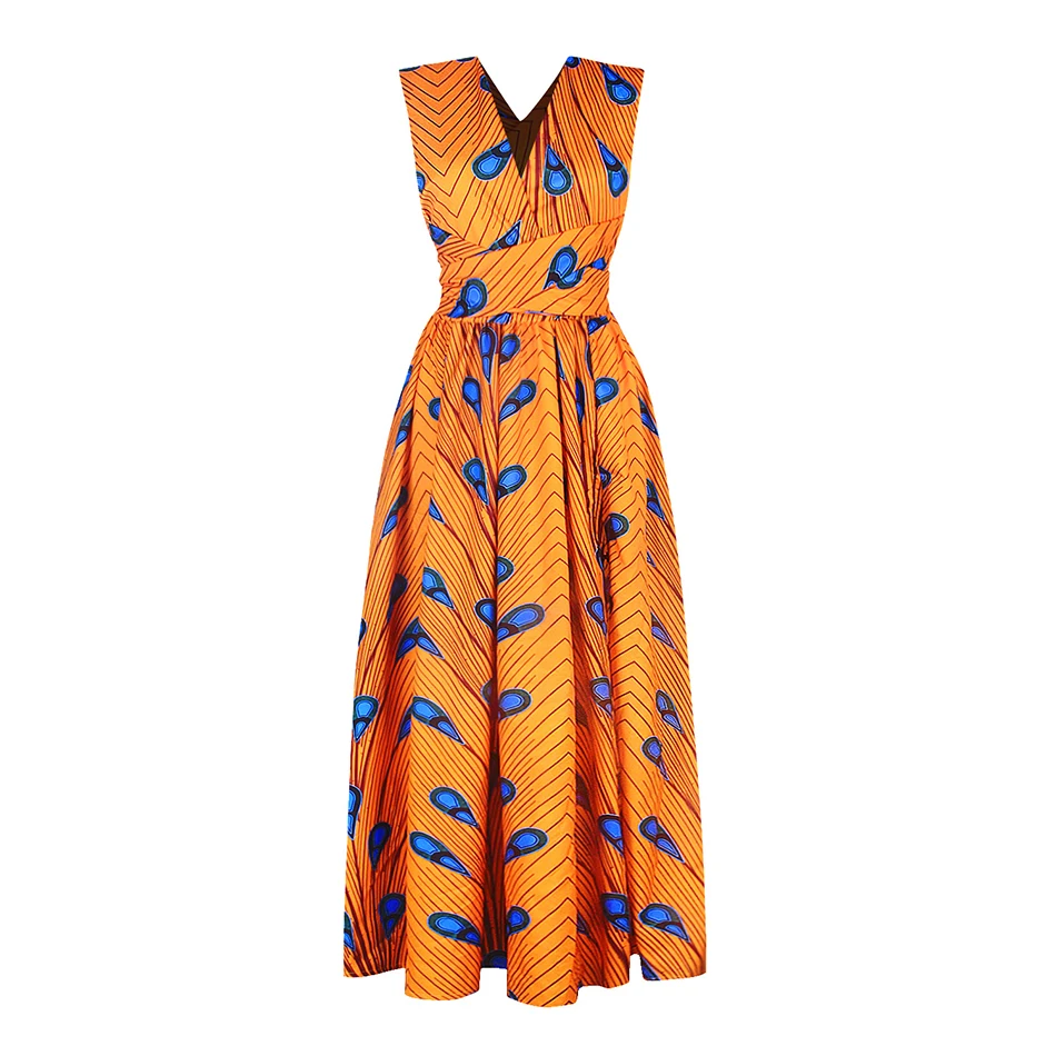 Летняя мода различные способы ношения в африканском стиле Для женщин с v-образным вырезом пышная Свободная юбка цифровой с принтом «перья», длинное платье Разделение платье - Цвет: 6