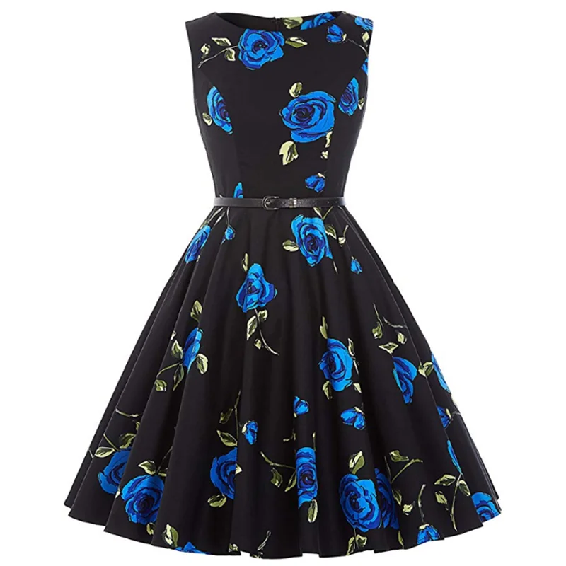 

50's retro fancy sleeveless classic belt women's summer dress with black mystery and elegant color