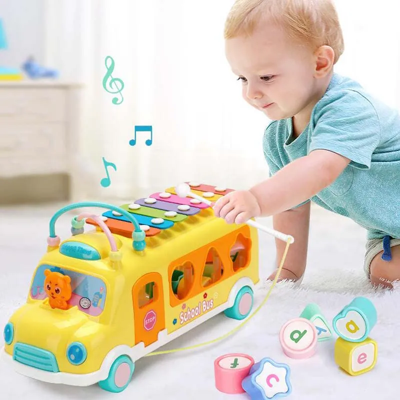 

Children's Bus Baby Knocking Piano Sound Puzzle Car Bear Musical Knocking Instruments Bus Toy Educational Multifunctional Toys