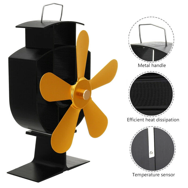 

1 Pieces 5 Vane Quiet Log Burner Fireplace Gold Anodized Aluminum Heat Self Powered Wood Stove Fan Stoves