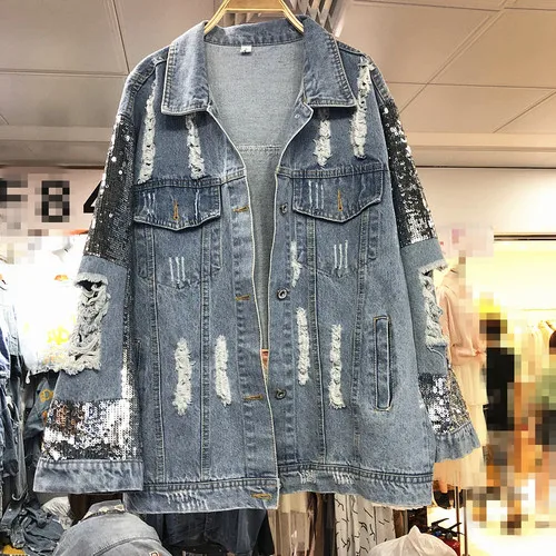 light blue Весенне-осенняя Новая женская Свободная джинсовая куртка с крупными блестками, фирменный рваный джинсовый пиджак, женская верхняя одежда для студентов - Цвет: light blue