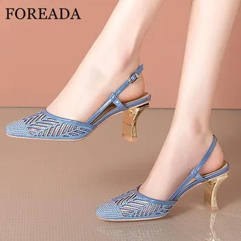 

FOREADA Real Leather High Heels Crystal Sandals Cutouts Woman Shoes Strange Style Heel Footwear Square Toe Sandals Lady Blue 41