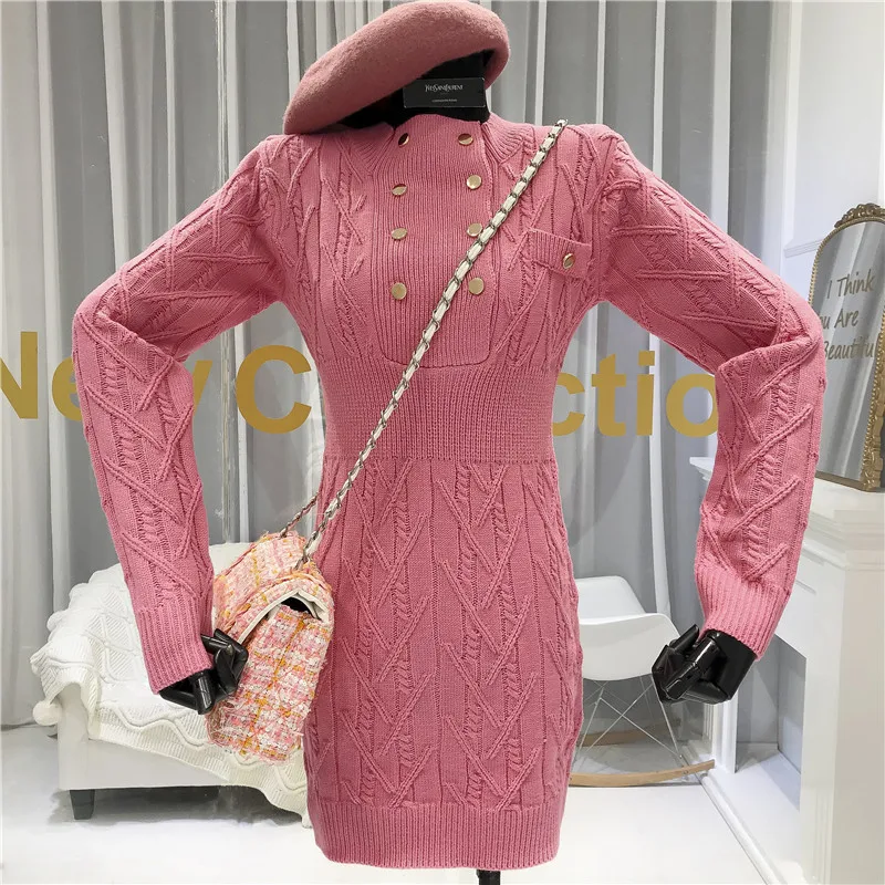 ALPHALMODA зимнее Новое модное двубортное тонкое вязаное платье, женское стрейчевое платье-свитер с длинным рукавом