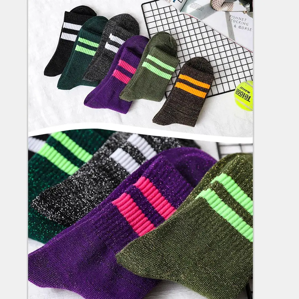 Women Solid Metallic Sport Socks Lurex Ankle Sock with 2 Stripes on Cuff Girls Striped Short Winter Socks 5 pairs/ lot AL147SC