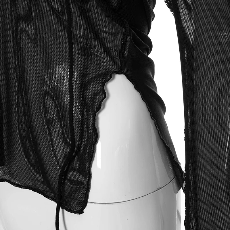 Goth Dark Y2k Punk Mesh See Through T-shirts Women Cyber Sexy Summer Halter Tops Lace Up Techwear Black Patchwork Split Clothes