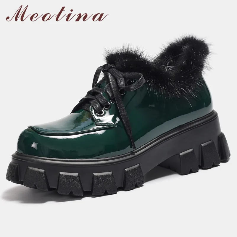 

Meotina High Heels Women Pumps Patent Leather Chunky High Heel Shoes Real Fur Lace Up Round Toe Shoes Ladies Green Black Size 39