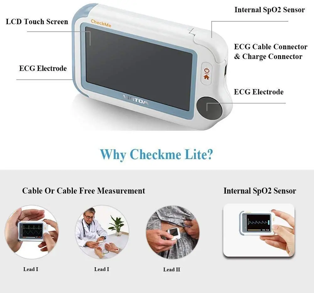 Portable Vital Signs Monitor with APP & PC Report ECG/EKG Monitor Pulse Oximeter Viatom Checkme Lit