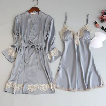 

Women Kimono Bath Gown Bride Sexy Silk Robe Lace Thrm Sleepwear Nightgown Satin Rayon 2PCS Cami+Robe Suit