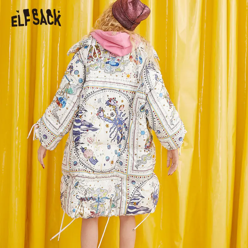 ELFSACK белый мультфильм печатных Ruched зимние женские пуховики с воланом рукавом шнурок зимнее пальто для женщин