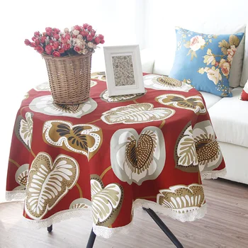

Fabric cotton Korean-style printed canvas round table tablecloth Festive red European-style leaf universal multipurpose cloth