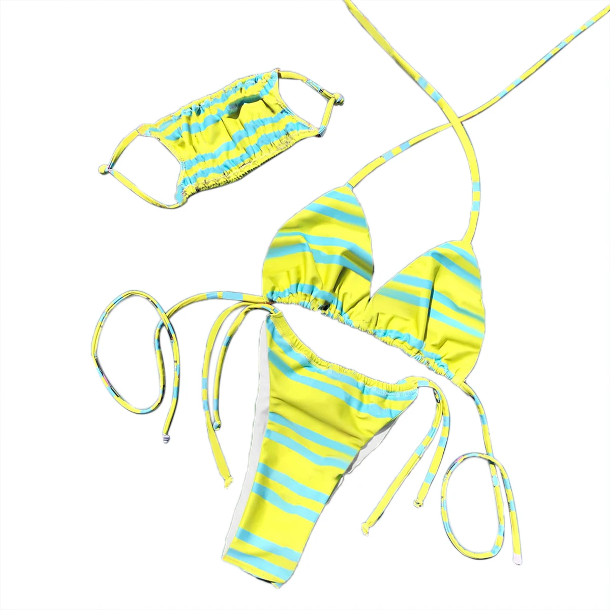 

Women Summer Swimsuits Backless Bandage Bikini Sets With Face Cover Up Striped Thong Triange Swimwear