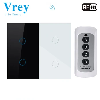 

Vrey US Standard Touch Switch LED Wall Light Switch With RF433 Wireless Remote Switch Control Unit Crystal Tempered Glass Panels
