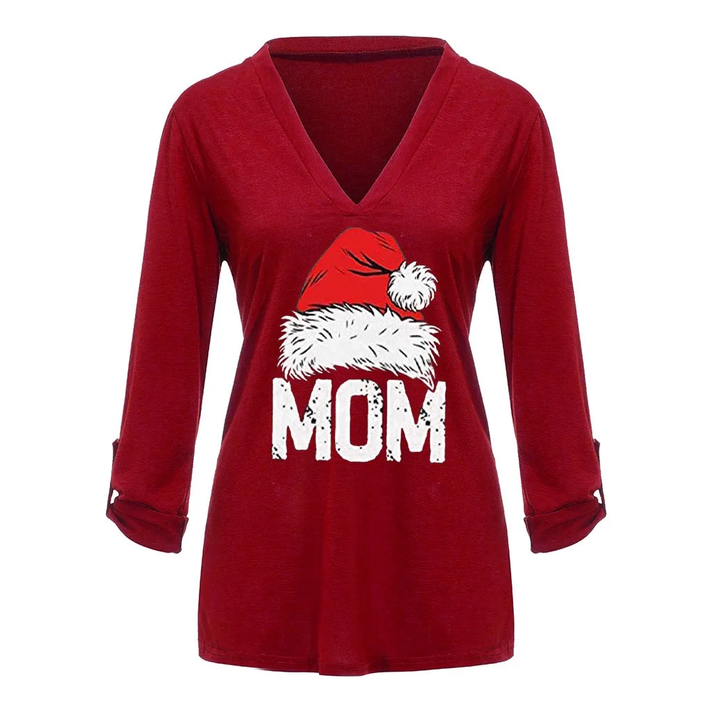Blusas mujer de fashion модные рождественские Женские 3/4 топы с отворачивающимися рукавами и v-образным вырезом, повседневные Элегантные блузки осень