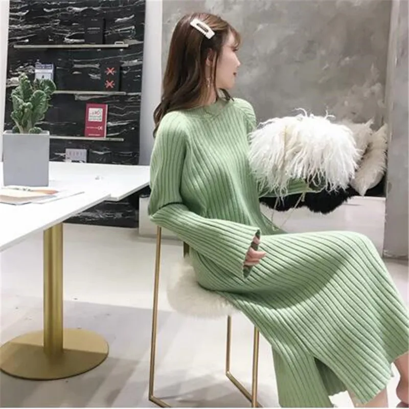 Новые осенние и зимние повседневные свободные с круглым вырезом Длинные вязаные свитеры Женские однотонные пуловеры OL женские джемпер свитер платье - Цвет: Зеленый
