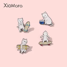 

Naughty Skateboard Cat Enamel Pin Metal Cartoon Cute Cool Animal Brooch Lapel Clothes Sweater Collection Badge Jewelry Women Kid