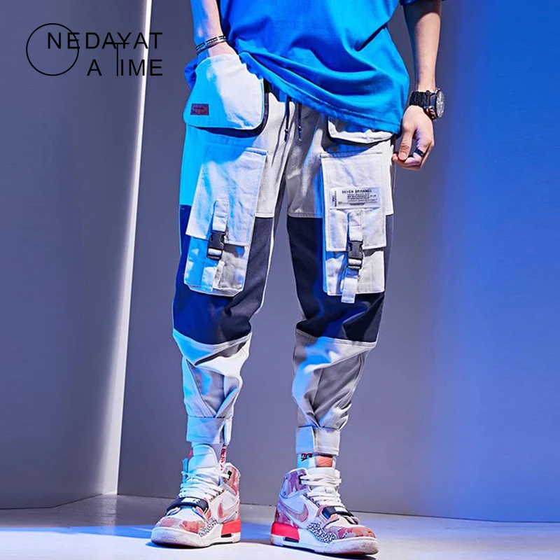 

Men Hip Hip Cargo Pants Streetwear Color Block Patchwork 2019 Harajuku Pant Jogger Side Pocket Ribbon Sweatpant Trousers Hipster