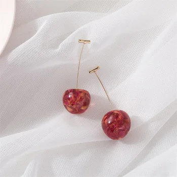 

Korean Version of Cute Japanese Cherries Petal Shape Cherry Long Pendant Earrings Fashion Personality Dried Flowers Women Cherry