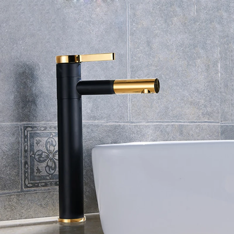 Black and gold high Кран для раковины для ванной комнаты, кран для холодной и горячей воды, смеситель для воды, кран для воды, Белый/Черный латунный кран для раковины с одной ручкой - Цвет: Black and gold high