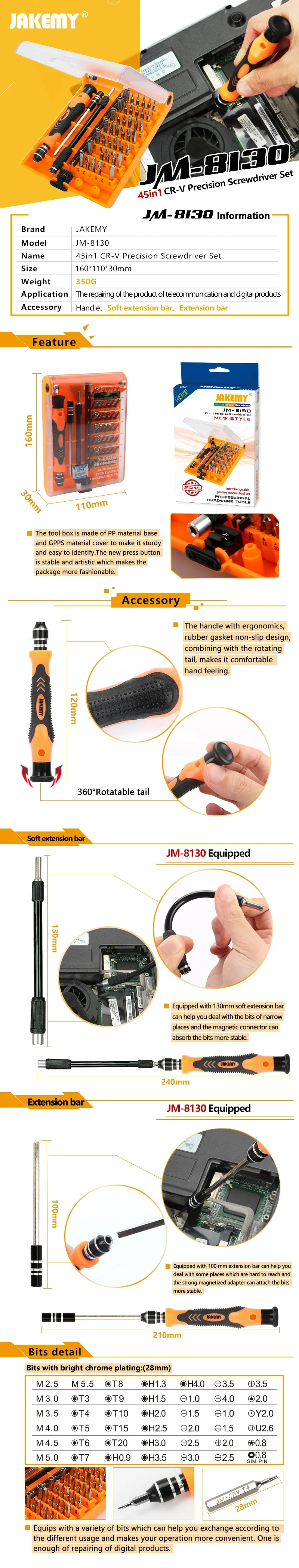 JAKEMY 45 IN 1 Hot Selling Precision Screwdriver Box Set with Chrome Vanadium Bits for DIY Mobile Phone Laptop Gamepad