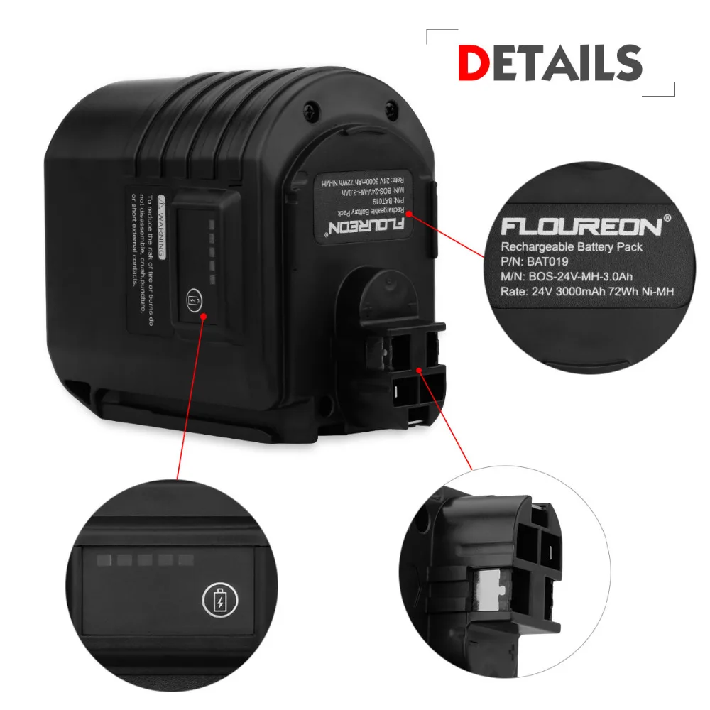 FLOUREON 24V 3000mAh Ni-MH аккумулятор для BOSCH 24V Ni MH 3.0Ah GBH 24VFR GBH 24VFR GBH 24VRE GBH 24VR BAT019 BAT020 BAT021 Ni-MH