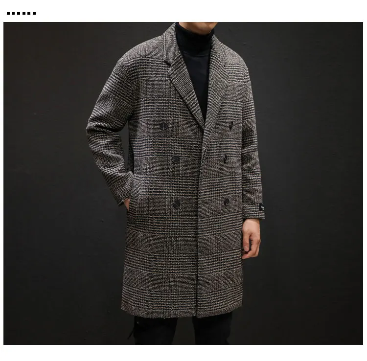 Длинное пальто для мужчин, японская мода, клетчатое длинное пальто, мужские Модные декоративные карманы, двубортное зимнее пальто для мужчин, XL 3XL 4XL