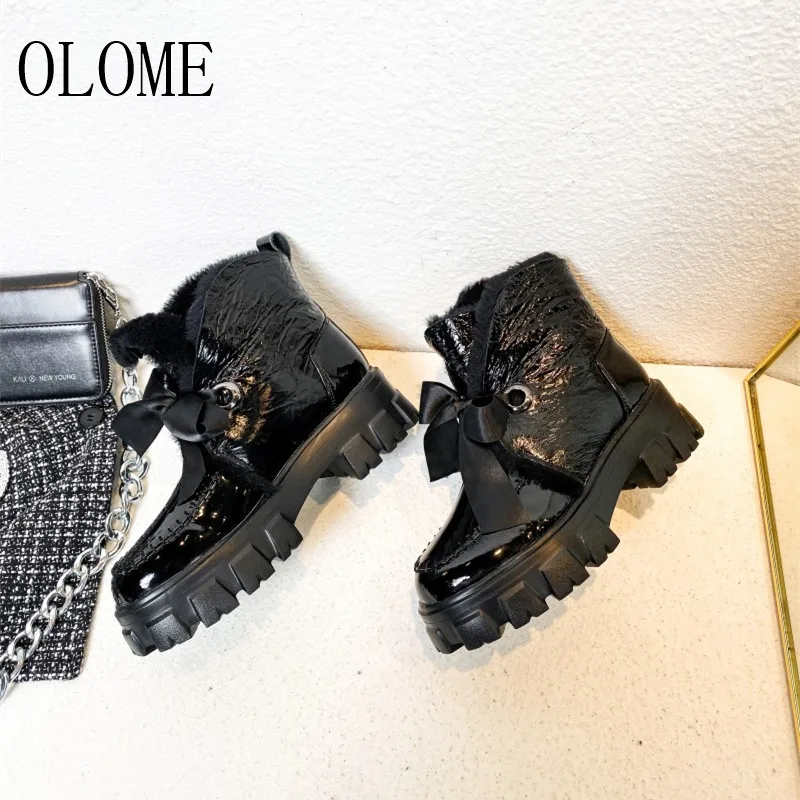 OLOME; Новинка; модные черные женские ботильоны с круглым носком на шнуровке; женские зимние теплые ботинки на низком каблуке