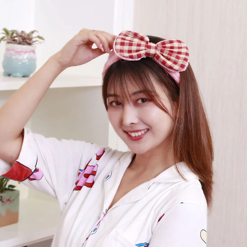 Новая стильная клетчатая Женская повязка для волос в Корейском стиле с бантом, маска для мытья лица, симпатичная повязка для волос, напрямую от производителя