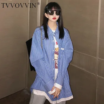 

Loose Trend Stripe Fake Two Shirts Loose Plus Size Fashion Streetwear Wild Simple Womens Tops and Blouses Spring New DMY4014