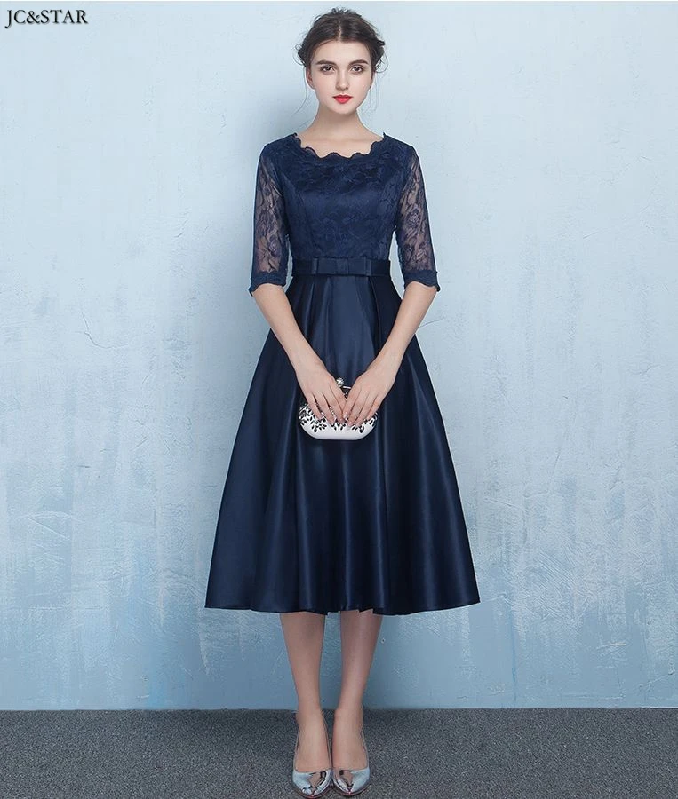 new lace satin half sleeve A Line navy blue bridesmaid dress Tea Length wedding guest dress godmother boda amarillo