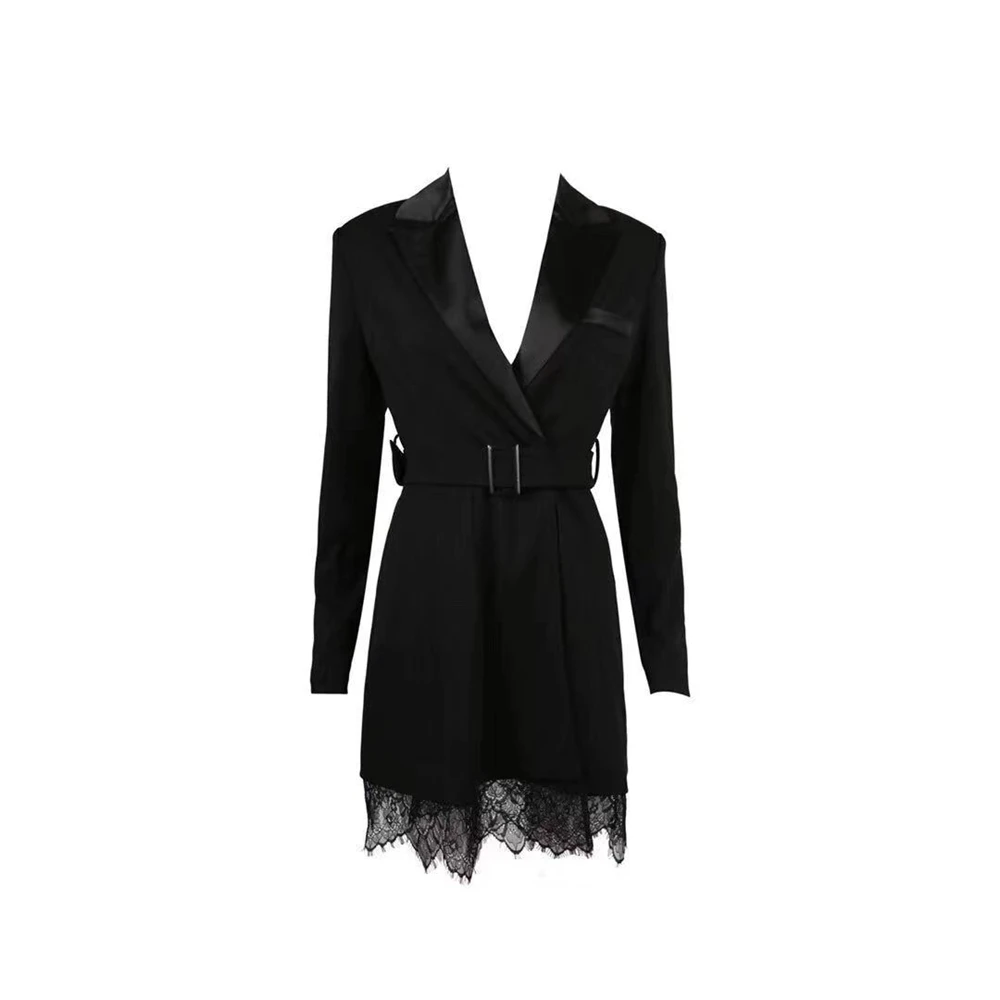 New Fashion Autumn Black Blet Dress Sexy Lace Elegant Women V Neck Long Sleeve Mini Club Vestido Celebrity Party Wholesale