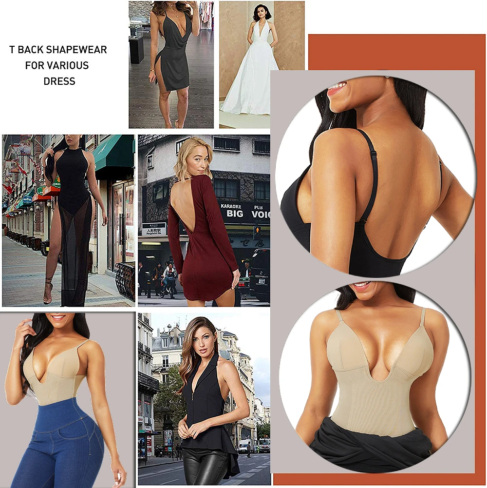 Fajas Colombianas Bodysuit Shapewear Deep V-Neck Body Shaper Backless U Plunge Thong Shapers Waist Trainer Push Up Women Corset