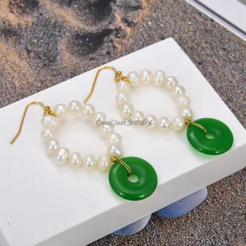 

GuaiGuai Jewelry Freshwater Cultured White Pearl Green Jade Ring Green Jade Earrings