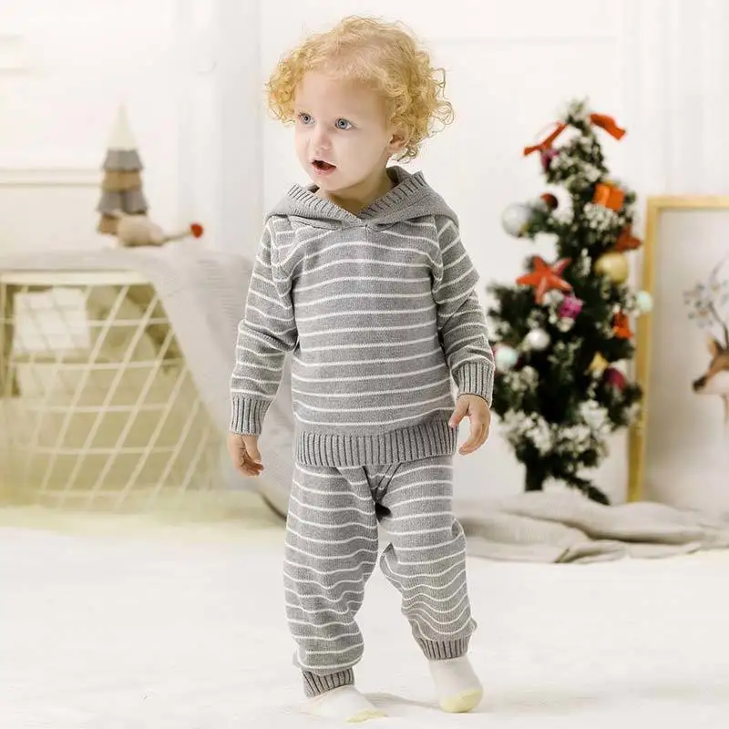 New Baby Girl Autumn Knitted Set Toddler Boy Striped Hooded Sweater+Elastic Waist Pants Warm Sport Suit 12M-3Y Kids Clothes Sets (3)