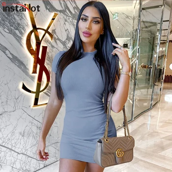 

InstaHot Solid Short Sleeve Dress Women Slim Mini Pencil Dress Summer Casual Elastic Bodycon Elegant Round Neck Ladies Dress