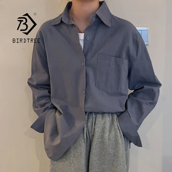 

2021 Spring New Women Vintage Solid Oversized Blouse Turn-Down Collar Autumn Pockets Shirt Button Up Korean Basic Tops T0O707F