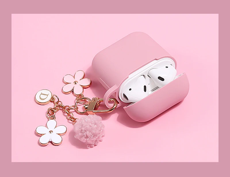 Чехол для Apple AirPods силиконовый красивый розовый цветок кожухи головных телефонов для Airpods 1 2 Аксессуары Защитный чехол цветок брелок