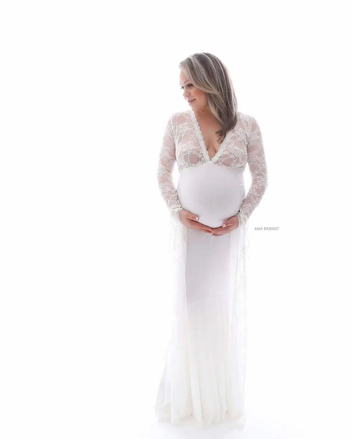 White Sexy Maternity Dresses For Photo Shoot Lace Fancy Pregnancy Dress Photography Props Flare Sleeve Pregnant Women Maxi Gown