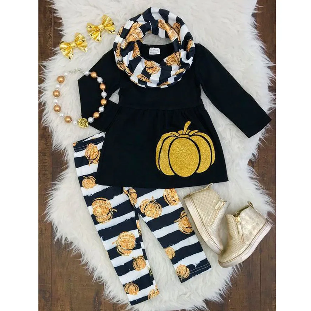 

Casual Kids Halloween Clothes Sets Toddler Baby Girls Autumn Outfits Clothes Long Sleeve Pumpkin T-shirt Tops+ Leggings Pants