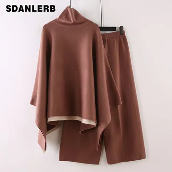 

2019 New Autumn and Winter Women Losoe Sweater Female Turtleneck Thick Sweater Pullover Knit Wide Leg Pants Two-piece Set Mujer