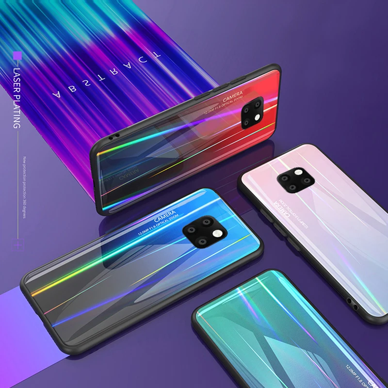 

Luxury Laser Flame Aurora Gradient Tempered Glass Phone Case For Huawei Honor P30 Mate 20 Pro hard Back Cover For Mate20 Case