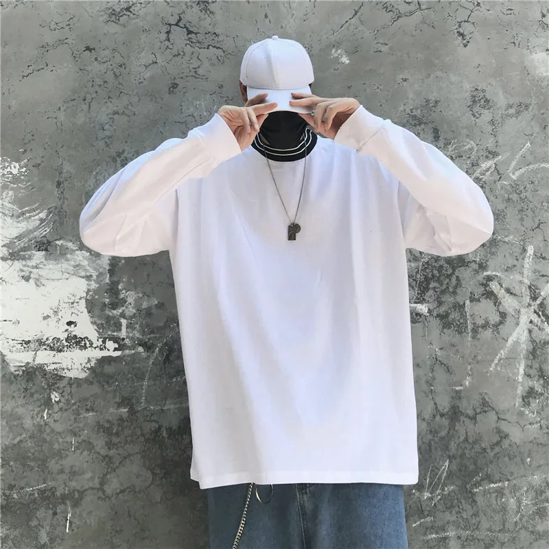 long sleeve t shirt men Solid minimalist All-match camiseta hombre Chambray Round neck streetwear Loose Fitted Oversized Vogue