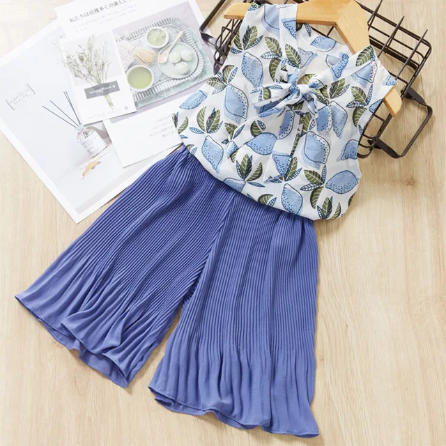 AY266 blue Bear leader/комплекты одежды для девочек Новая летняя модная футболка без рукавов для девочек и повседневные штаны комплект одежды из 2 предметов для девочек возрастом от 3 до 7 лет - Цвет: AY266 blue