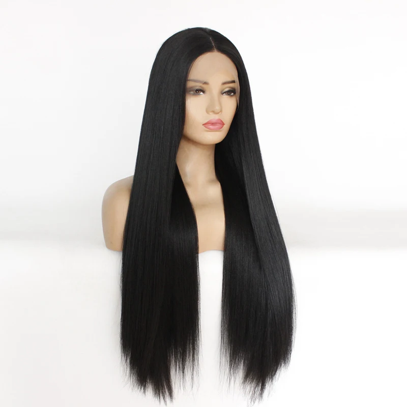 Yaki Straight Wig Lace Front Synthetic Wigs Long Black Color Heat Resistant Fiber Hair Natura Hairline for Women | Шиньоны и парики